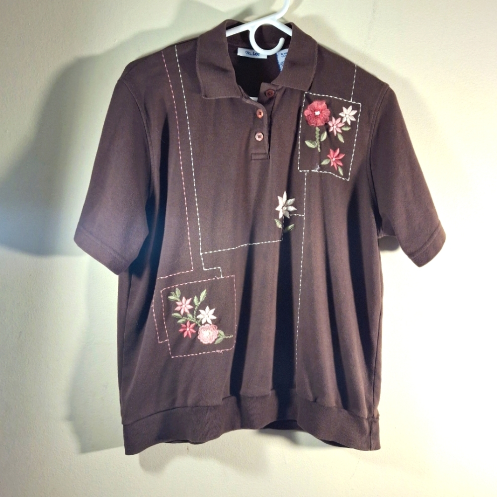 VTG Ms. Lee Women's Chocolate Brown Short Sleeve Emobroidered Polo Shirt Size M